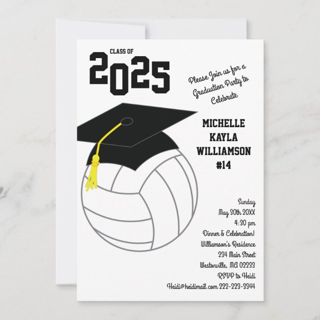 Volleyball Graduation Sports Black White Invitation (Front)