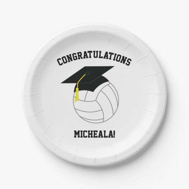 Volleyball Graduation Sports Black White Paper Plates (Front)