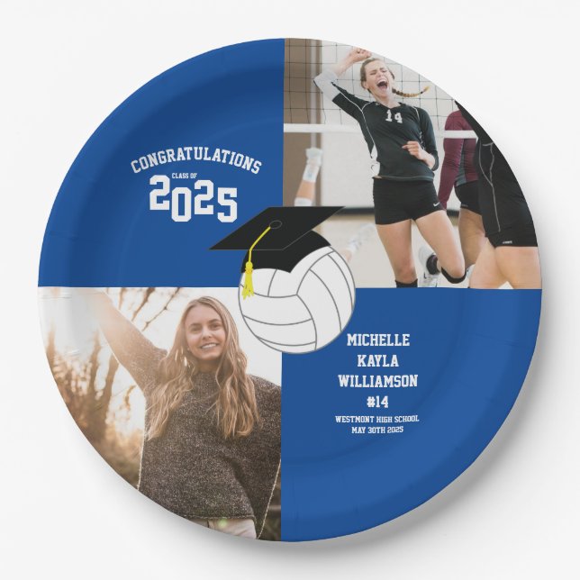 Volleyball Graduation Sports Blue Paper Plates (Front)