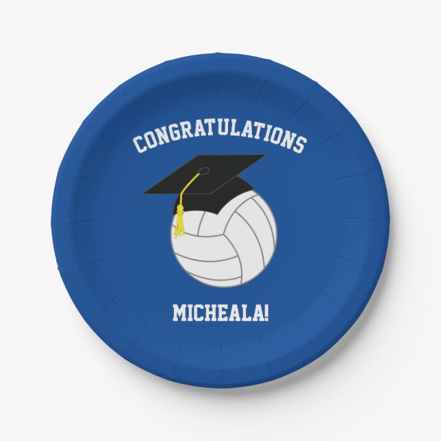 Volleyball Graduation Sports Blue Paper Plates (Front)