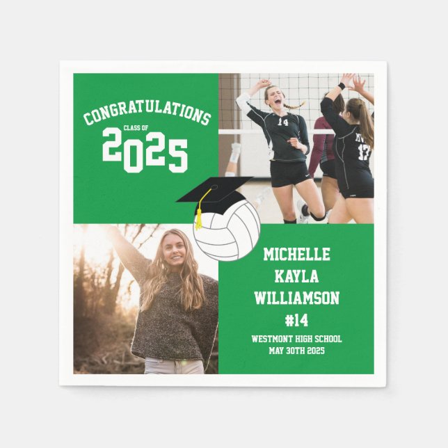 Volleyball Graduation Sports Green Napkins (Front)