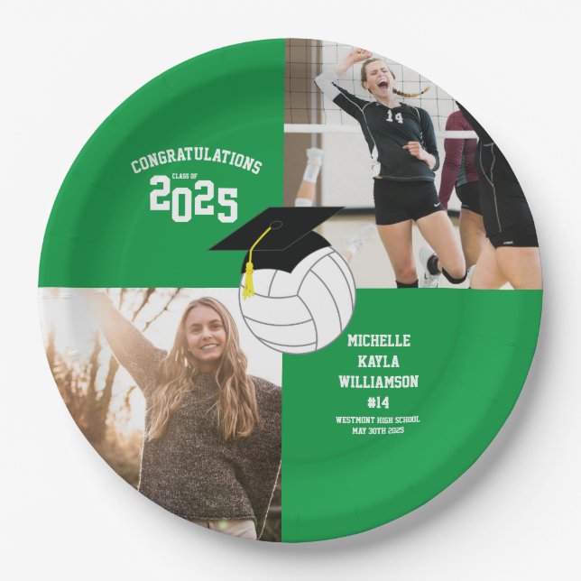 Volleyball Graduation Sports Green Paper Plates (Front)