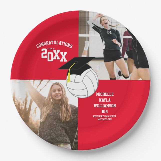 Volleyball Graduation Sports Red Paper Plates (Front)