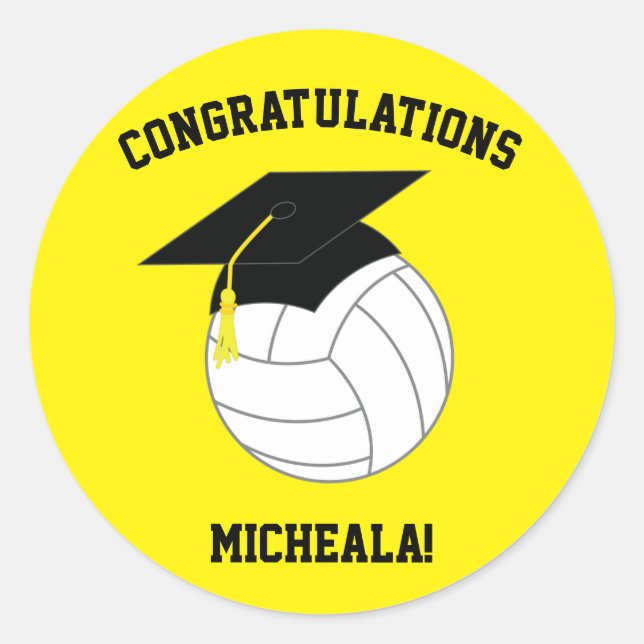 Volleyball Graduation Yellow Classic Round Sticker (Front)