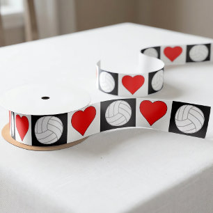 Volleyball Heart Black White Red Checkered Pattern Satin Ribbon