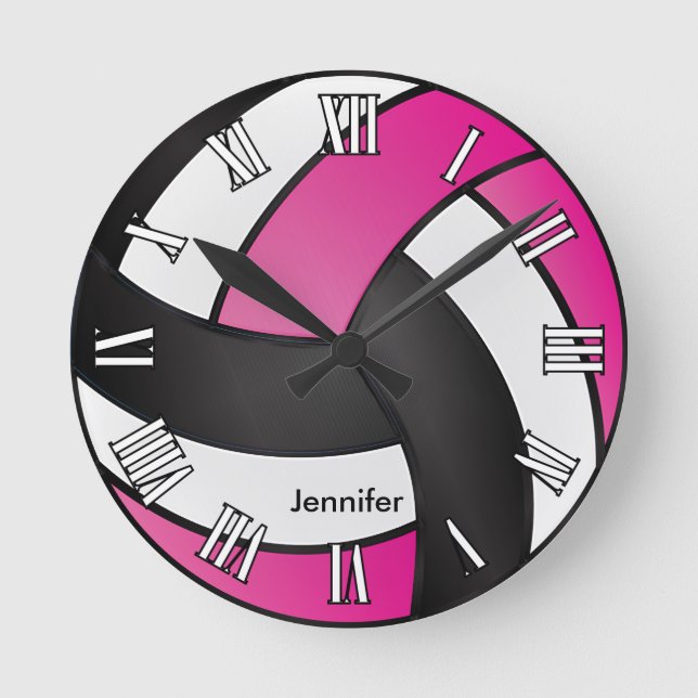 Volleyball | Hot Pink, Black and White Style Round Clock (Front)