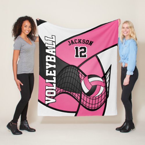 Volleyball  in a Pretty Hot Pink White  Black Fleece Blanket