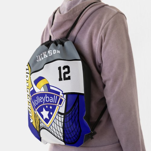 Volleyball in Blue Yellow White  Gray Drawstring Bag