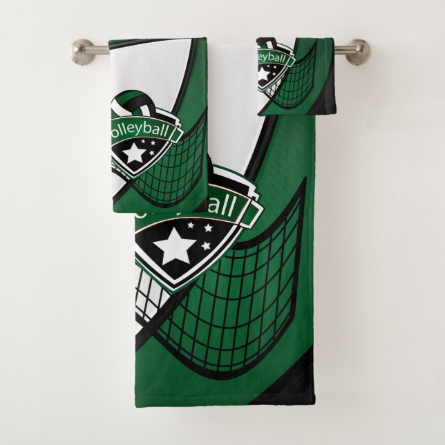Volleyball in Dark Green, Black and White Bath Towel Set (Insitu)