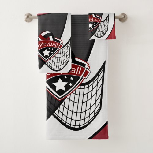 Volleyball in Dark Red Black and White Bath Towel Set