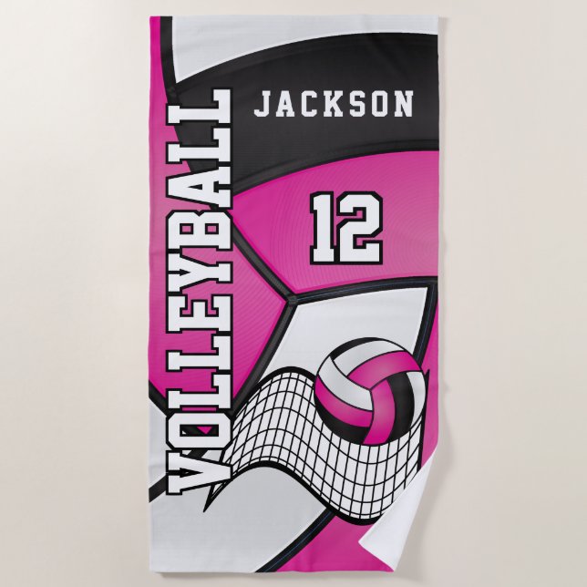 Volleyball in Pink, Black and White  Beach Towel (Front)