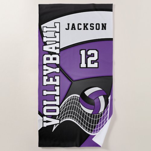Volleyball in Purple Black and White Beach Towel