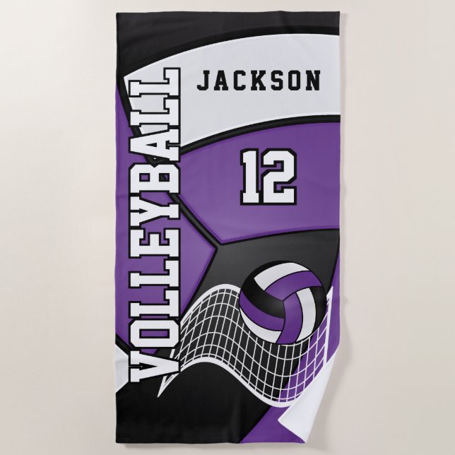Volleyball in Purple, Black and White Beach Towel (Front)