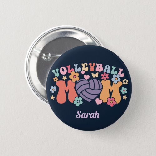 Volleyball Mom Ball Heart Floral Retro Button