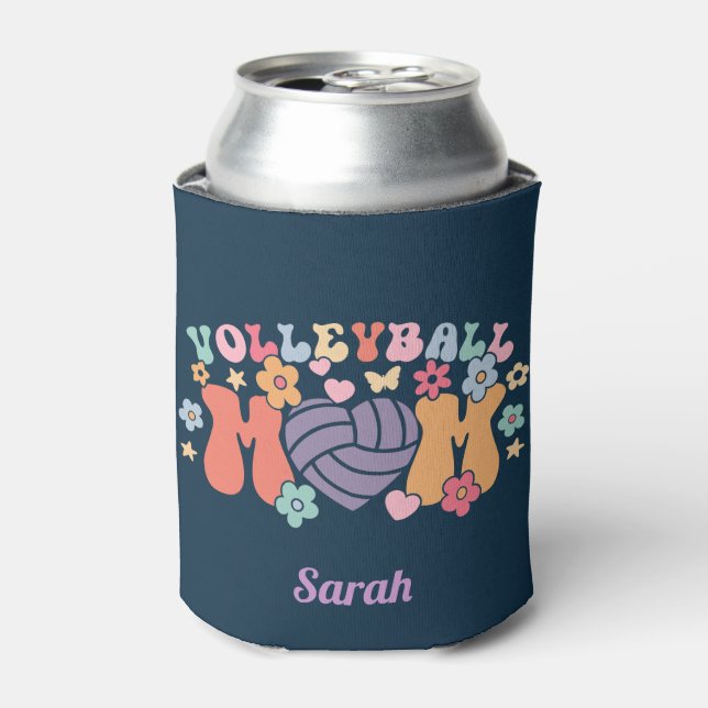 Volleyball Mom Ball Heart Floral Retro Can Cooler (Can Front)