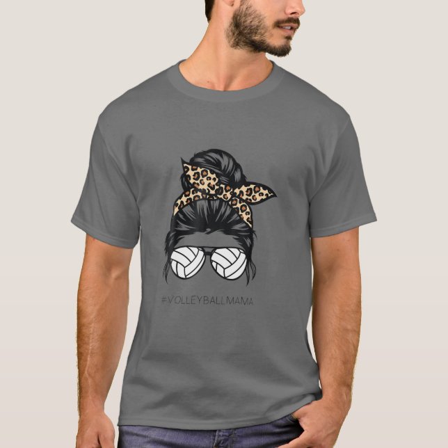 Volleyball Mom Leopard Ball Messy Hair Bun Mother' T-Shirt (Front)