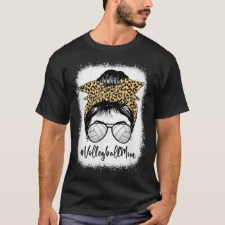 Volleyball Mom Leopard Messy Bun Mother's Day Spor T-Shirt
