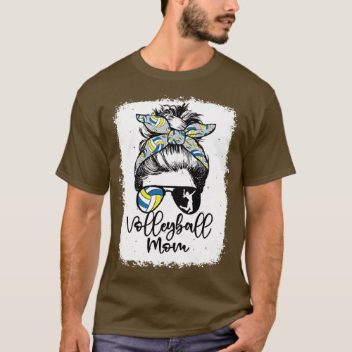 Volleyball Mom Vintage Leopard Messy Bun Bleached T_Shirt