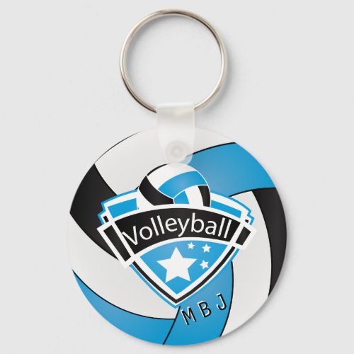 Volleyball _  Monogram  _ Baby Blue White  Black Keychain