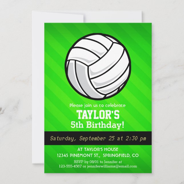 Volleyball; Neon Green Stripes Invitation (Front)