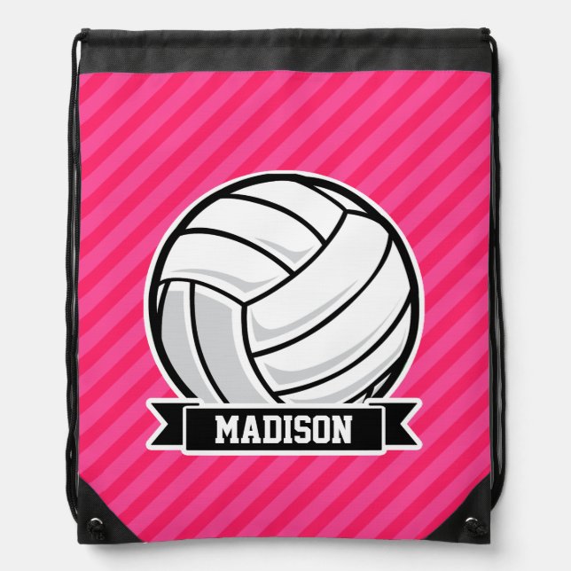 Volleyball on Neon Pink Stripes Drawstring Bag (Front)