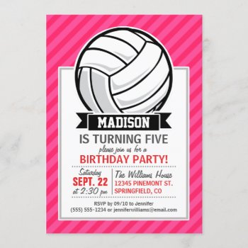 Volleyball On Neon Pink Stripes Invitation by Birthday_Party_House at Zazzle