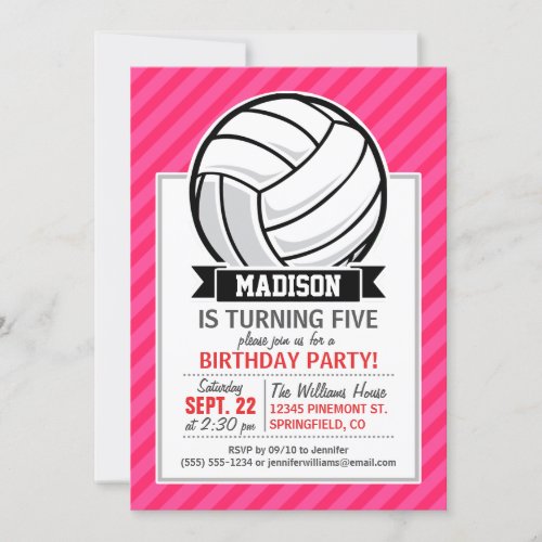 Volleyball on Neon Pink Stripes Invitation