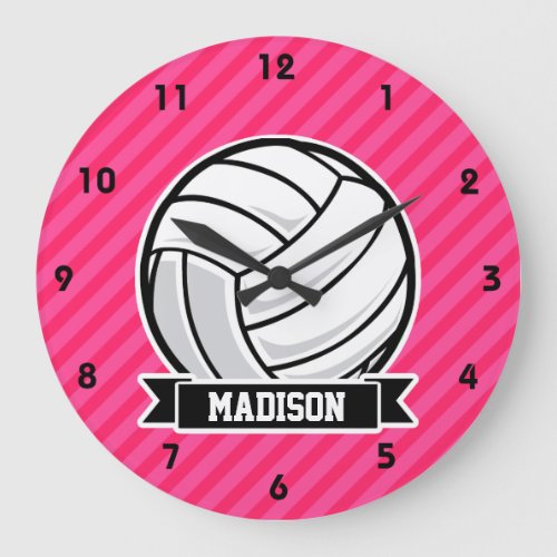 Volleyball on Neon Pink Stripes Large Clock