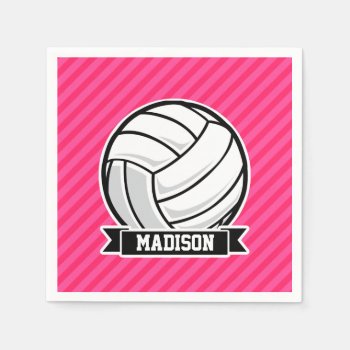 Volleyball On Neon Pink Stripes Paper Napkins by Birthday_Party_House at Zazzle