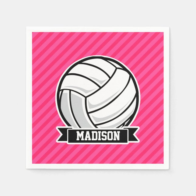 Volleyball on Neon Pink Stripes Paper Napkins (Front)