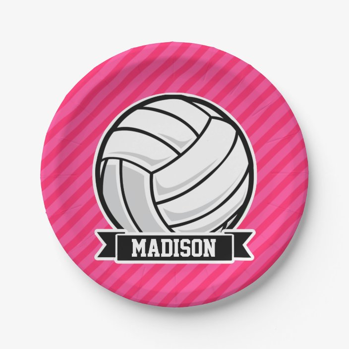 Volleyball on Neon Pink Stripes Paper Plate