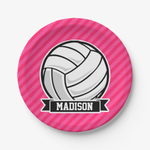 Volleyball on Neon Pink Stripes Paper Plates