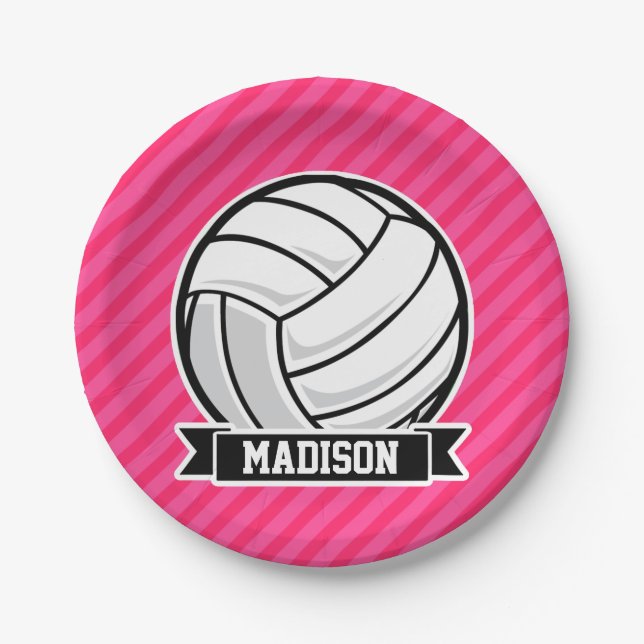 Volleyball on Neon Pink Stripes Paper Plates (Front)