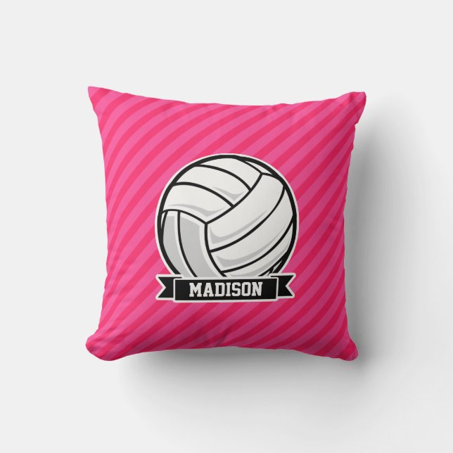 Volleyball on Neon Pink Stripes Throw Pillow (Front)