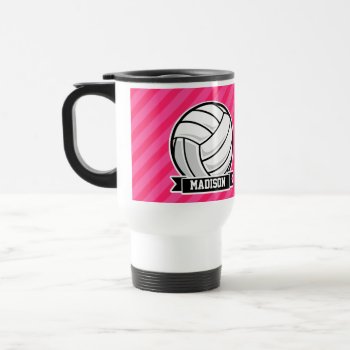 Volleyball On Neon Pink Stripes Travel Mug by Birthday_Party_House at Zazzle