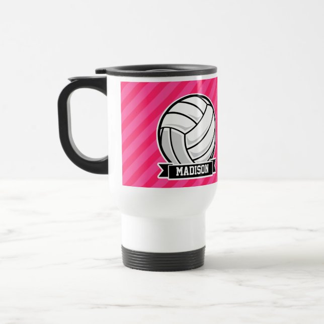 Volleyball on Neon Pink Stripes Travel Mug (Left)