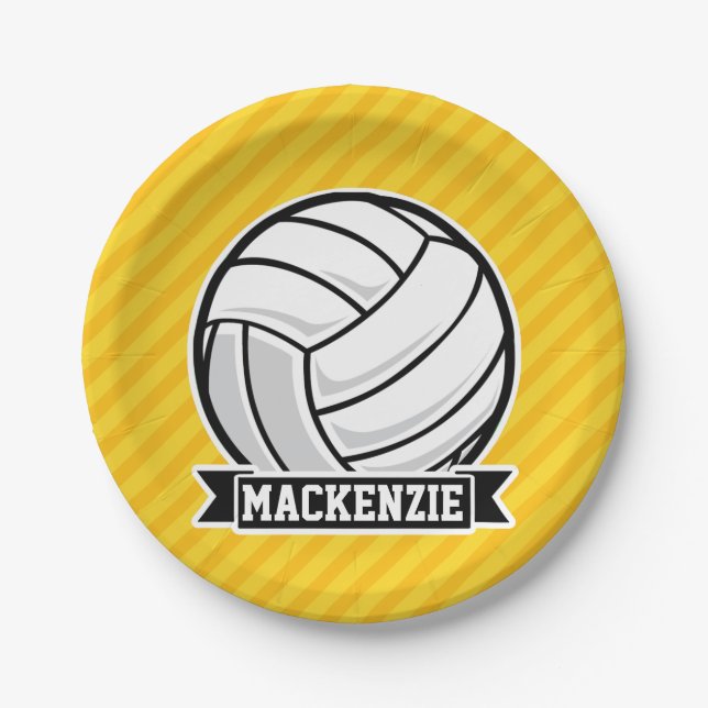 Volleyball on Yellow Stripes Paper Plates (Front)