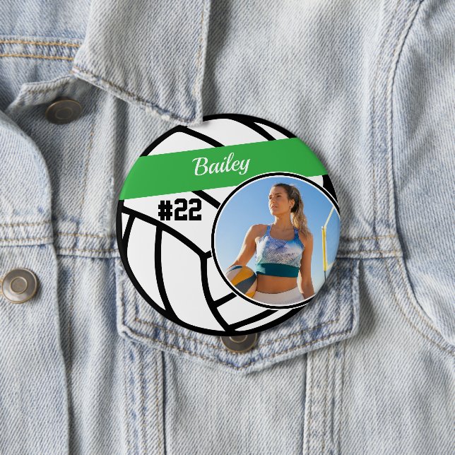 Volleyball Pin Name & Number Green Photo Button (In Situ)