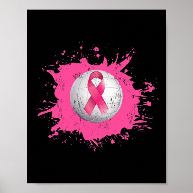 Volleyball Pink Ribbon Breast Cancer Awareness  Poster (Front)