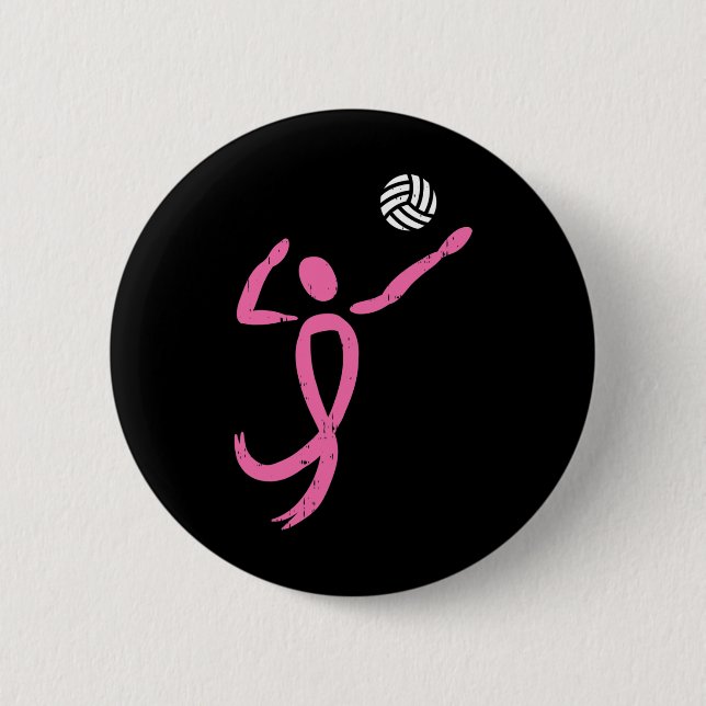 Volleyball Pink Ribbon Breast Cancer Awareness Spo Button (Front)