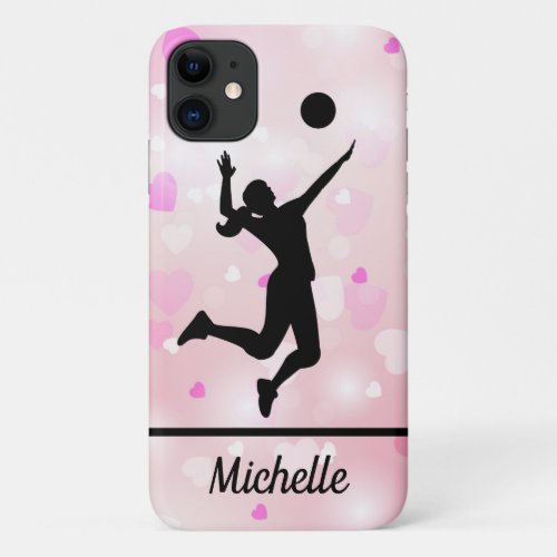 Volleyball Player Girl Sparkle Hearts Pink Pattern iPhone 11 Case