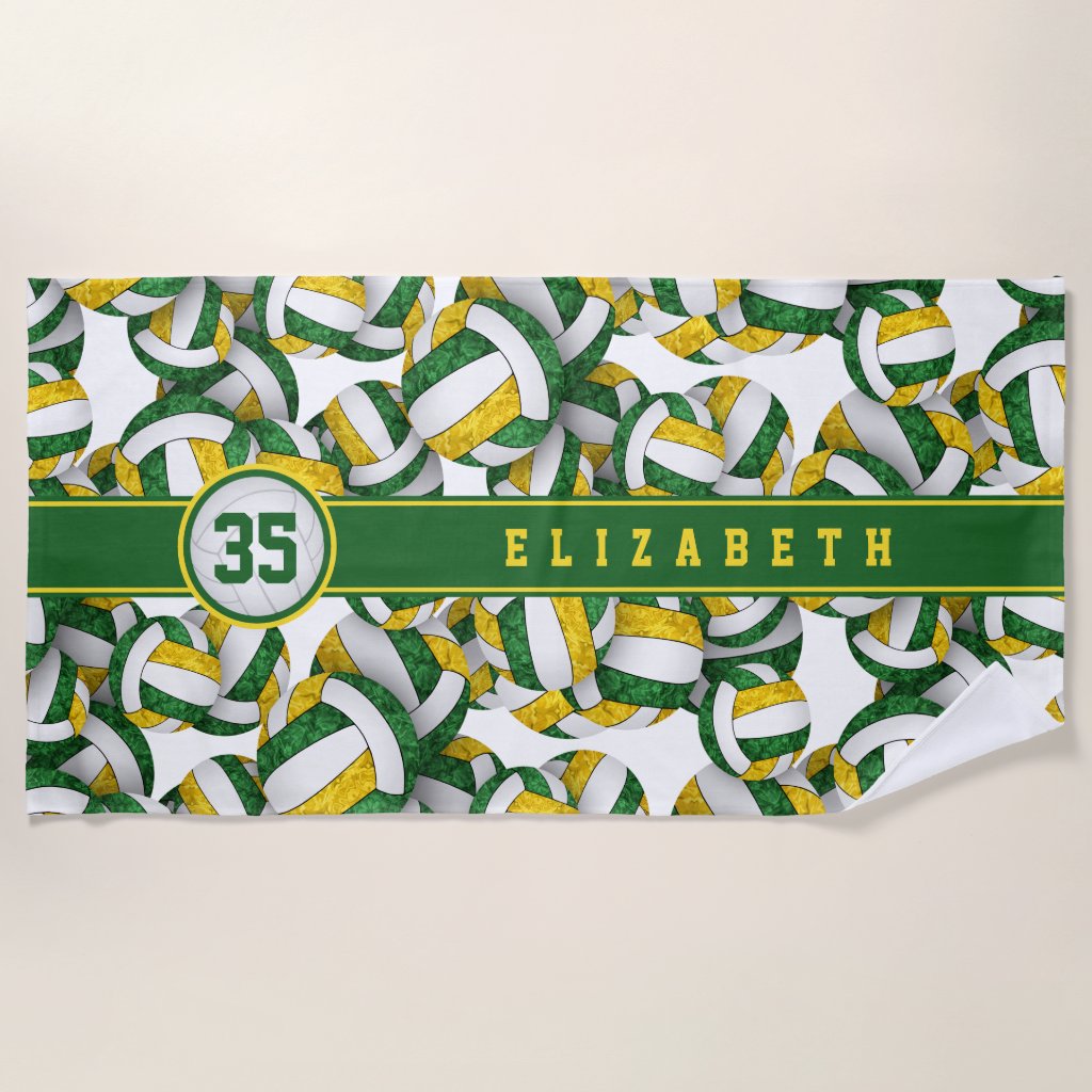 Volleyball player green gold team colors gifts beach towel