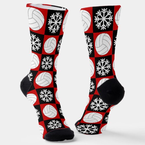 Volleyball Player Red and Black Christmas Pattern Socks