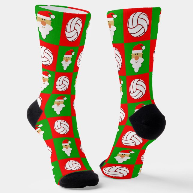 Volleyball Player Santa Christmas Pattern Holiday Socks (Angled)