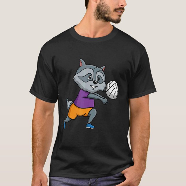 Volleyball Player Spike Net Volleyball Raccoon Whi T-Shirt (Front)