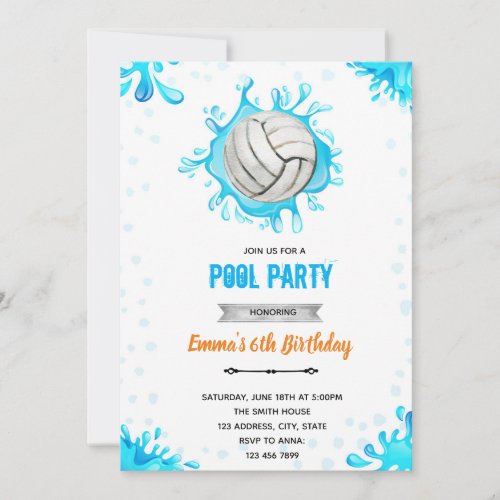 Volleyball pool birthday theme invitation