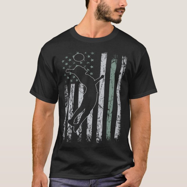 Volleyball Retro USA Flag Ball Sport 4th of July V T-Shirt (Front)