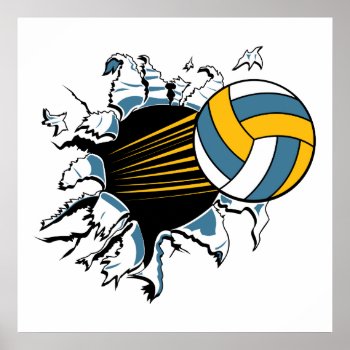 Volleyball Ripping Through Blue And Gold Poster by sports_shop at Zazzle