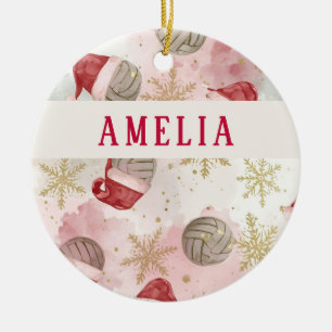 Volleyball Santa Hat Name Christmas Ceramic Ornament