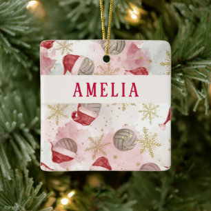 Volleyball Santa Hat Name Christmas Ceramic Ornament